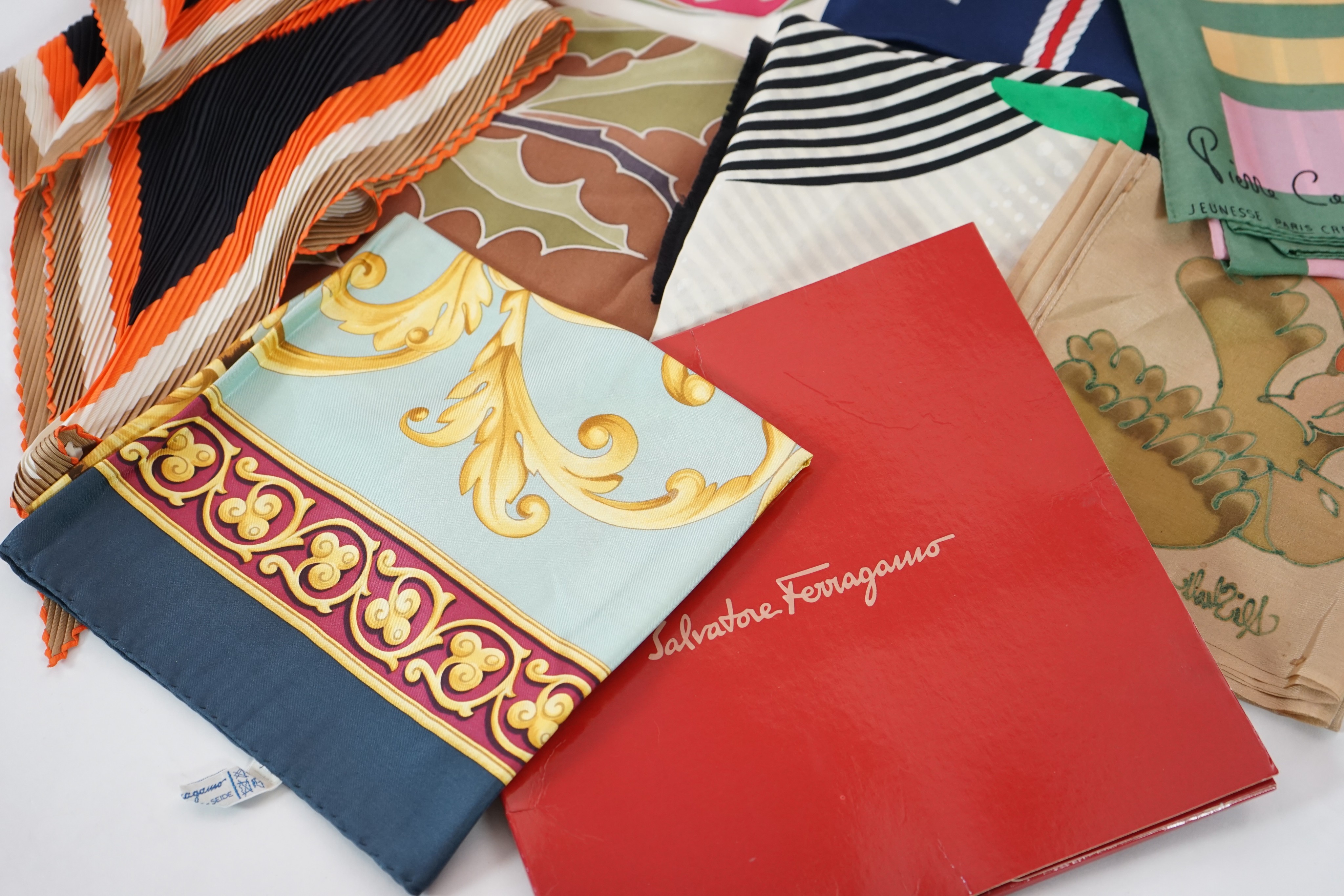 A group of eight silk scarves including Escada, Pierre Cardin, Lanvin, Salvatore Ferragamo and Kreier